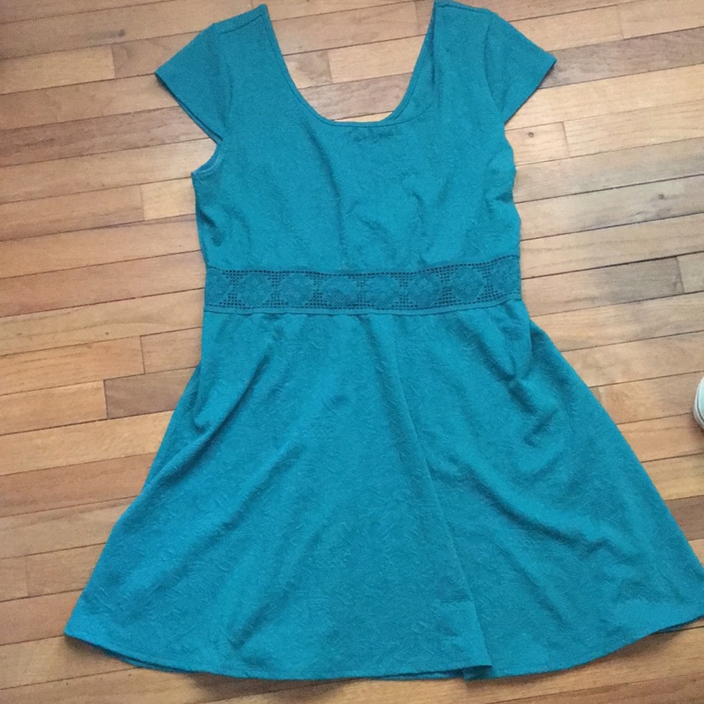 Teal green cap sleeve crochet cut out short dress